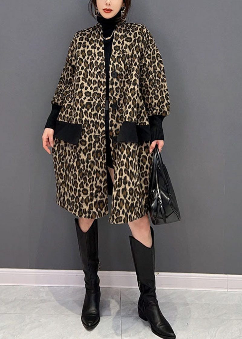 Fina Choklad V-halsfickor Patchwork Leopard Cotton Trench Spring