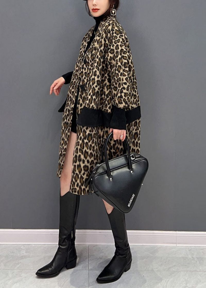 Fina Choklad V-halsfickor Patchwork Leopard Cotton Trench Spring - Vinterkappor för kvinnor