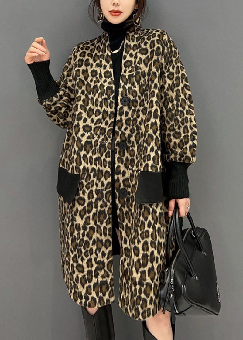 Fina Choklad V-halsfickor Patchwork Leopard Cotton Trench Spring - Vinterkappor för kvinnor