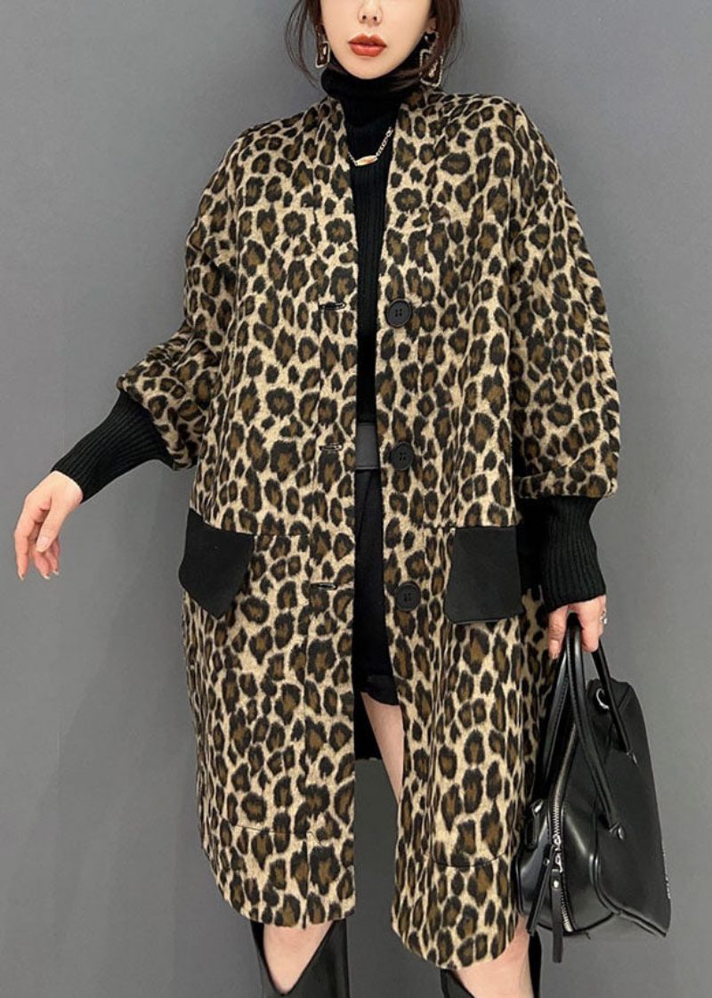 Fina Choklad V-halsfickor Patchwork Leopard Cotton Trench Spring - Vinterkappor för kvinnor