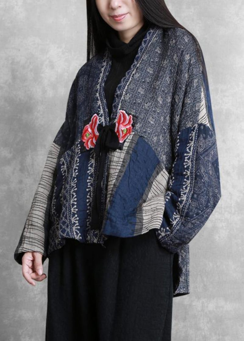 Fina Oversized Vinterkappor Blått Tryck V-ringad Patchwork Damkappor