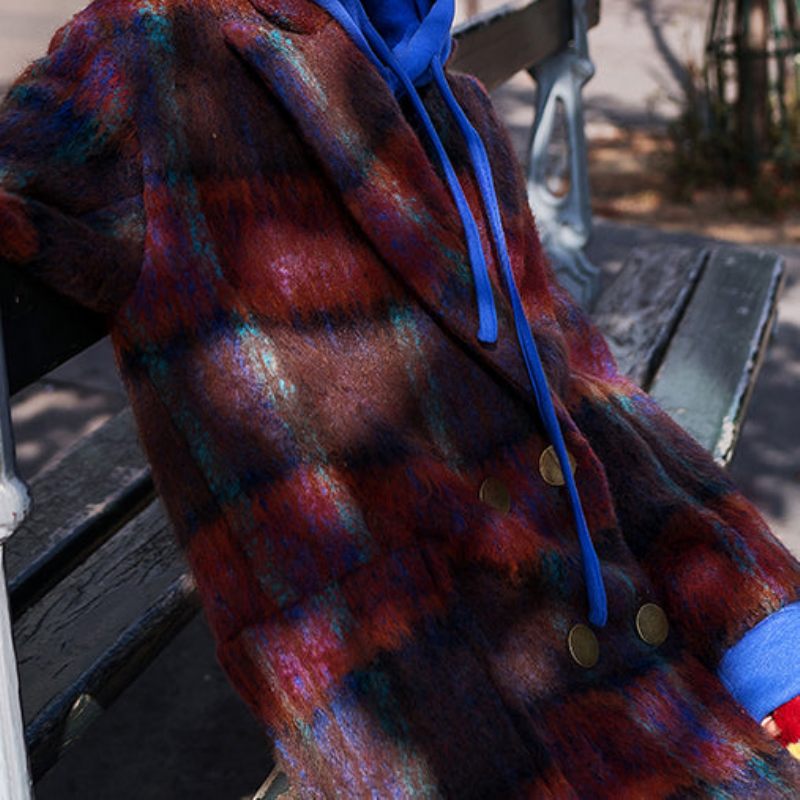 Fina Röda Blå Rutiga Kappor Plus Size Notched Trenchcoat Ny Dubbelknäppt Ullkappa - Ullrockar för kvinnor