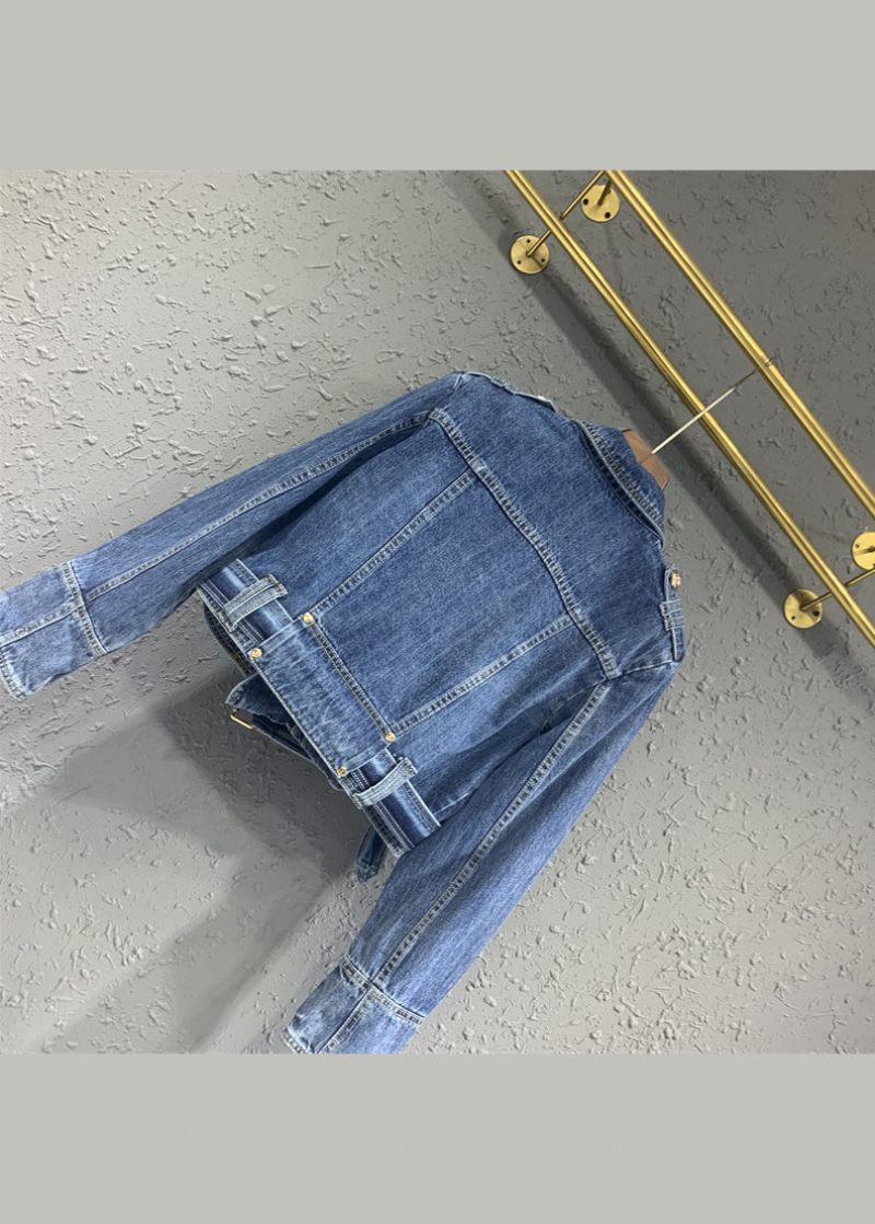 Finblå Peter Pan Krage Zip Up Patchwork Jeansjackor Höst - Vinterkappor för kvinnor