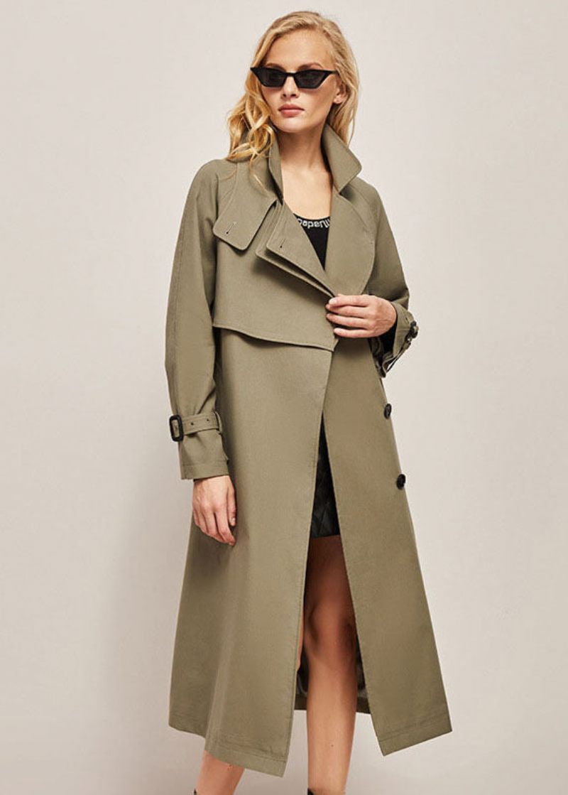Fransk Armégrön Stativ Krage Knapp Bomull Cinch Coat Ytterkläder Spring - Trenchcoats för kvinnor