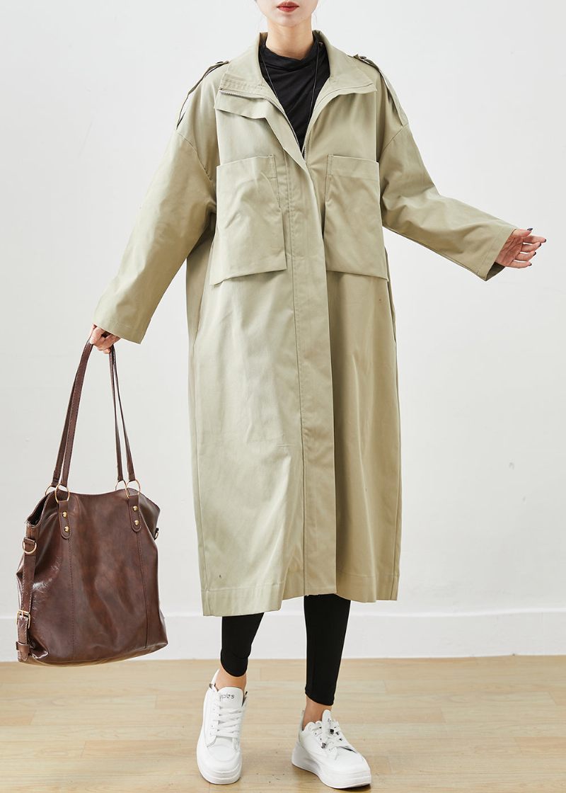 Fransk Beige Oversized Stora Fickor Bomull Kappa Ytterkläder Höst - Trenchcoats för kvinnor