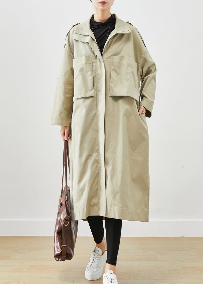 Fransk Beige Oversized Stora Fickor Bomull Kappa Ytterkläder Höst - Trenchcoats för kvinnor