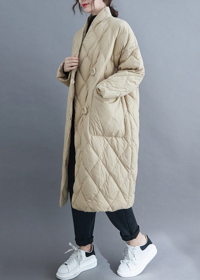 Fransk Beige V-ringad Knappfickor Bomullsfylld Lång Parka Vinter - Vinterkappor för kvinnor