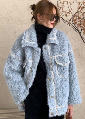 Fransk Blå Knapp Fuskpäls Vinter Casual Coat