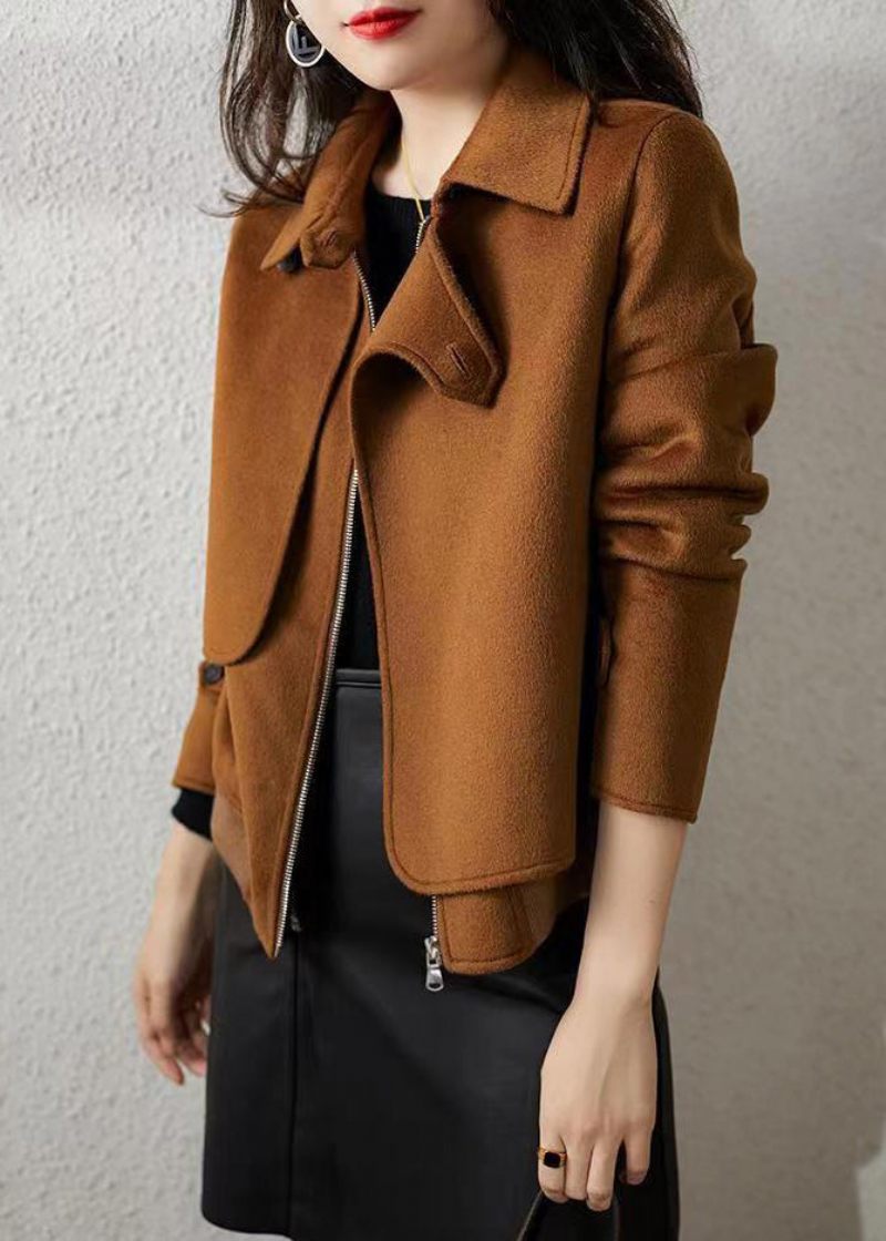 Fransk Brun Zip Up Button Patchwork Yllerockar Höst - Vinterkappor för kvinnor