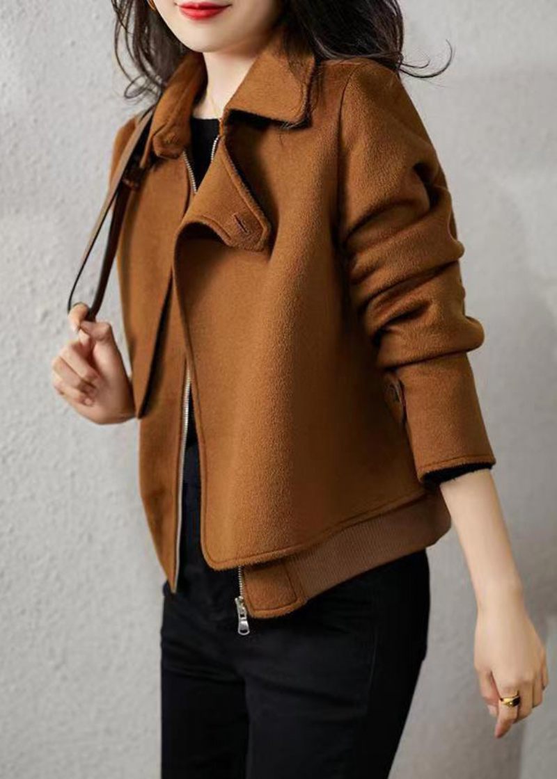 Fransk Brun Zip Up Button Patchwork Yllerockar Höst - Vinterkappor för kvinnor