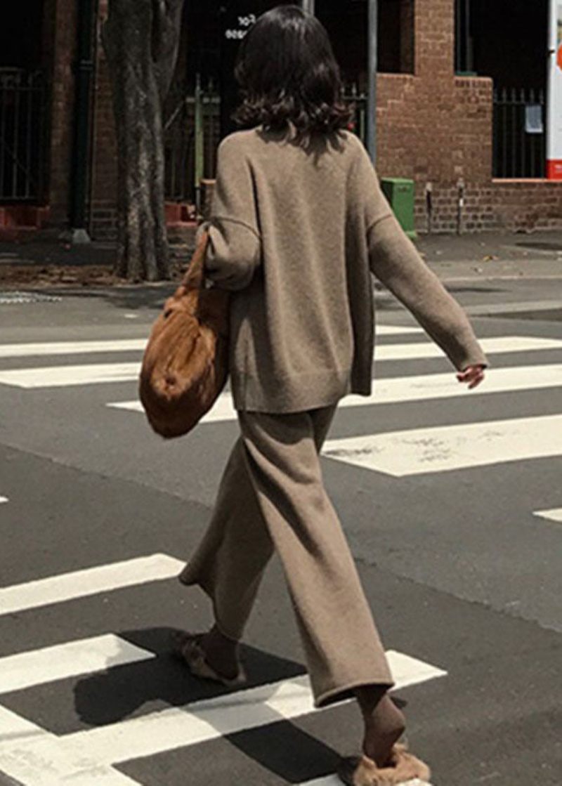 Fransk Khaki High Neck Oversized Ull Sticka Två Delar Set Spring - Ullrockar för kvinnor