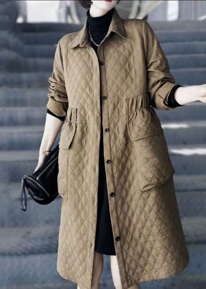 Fransk Khaki Peter Pan Krage Fickor Patchwork Fin Bomullsfylld Trench Vinter - Vinterkappor för kvinnor