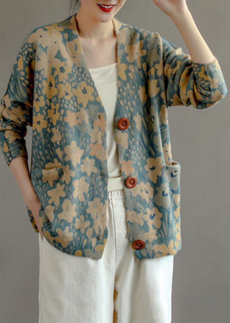 Fransk Ljusblå V-halstryck Mink Hår Stickad Cardigan Spring
