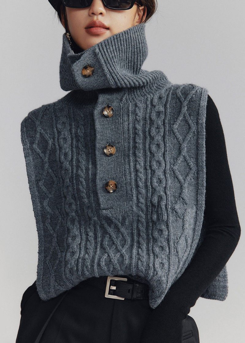 Fransk Mörkgrå Turtleneck-kabelstickad Väst Ärmlös
