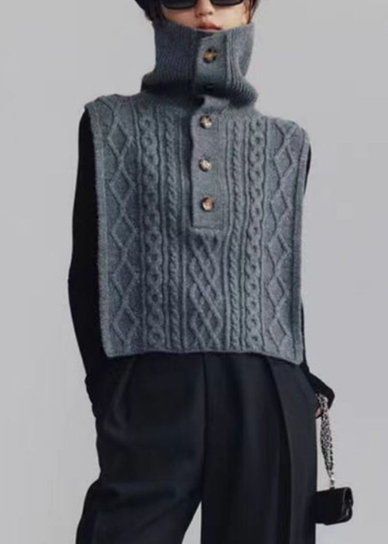 Fransk Mörkgrå Turtleneck-kabelstickad Väst Ärmlös - Koftor för kvinnor