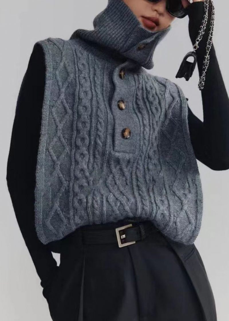Fransk Mörkgrå Turtleneck-kabelstickad Väst Ärmlös - Koftor för kvinnor