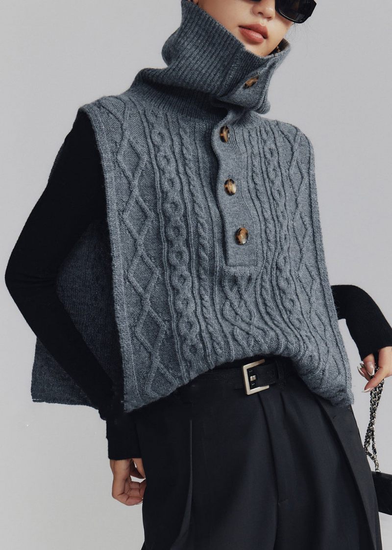 Fransk Mörkgrå Turtleneck-kabelstickad Väst Ärmlös - Koftor för kvinnor