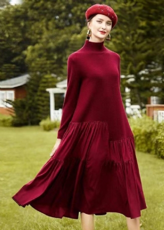 Fransk Mulberry Hign Neck Skrynklig Patchwork Ullklänning Vinter