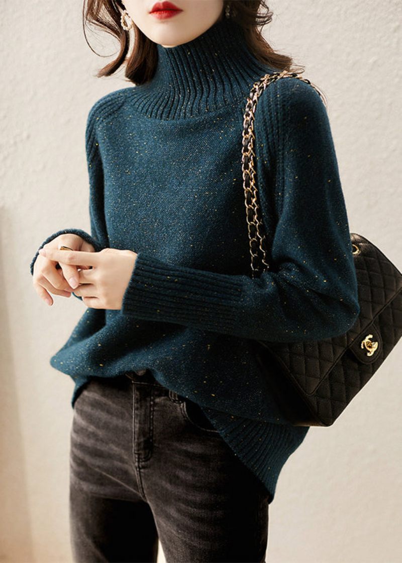 Fransk Påfågel Grön Hign Neck Tjock Ylle Stickad Pullover Fall - Ullrockar för kvinnor