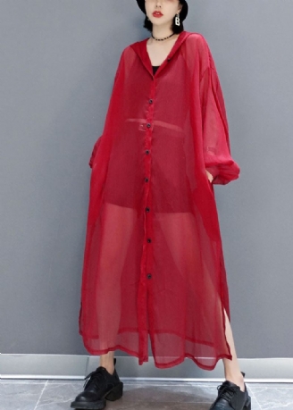 Fransk Röd Hooded Hollow Out Chiffong Långa Cardigans Sommar