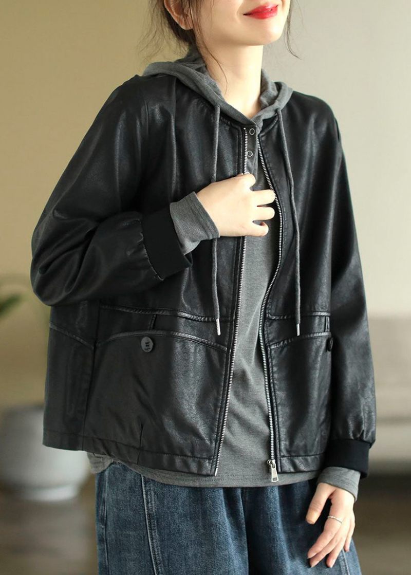 Fransk Svart Zip-up Patchwork Konstläderjackor Kappor Våren