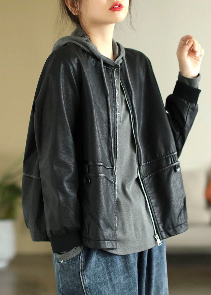 Fransk Svart Zip-up Patchwork Konstläderjackor Kappor Våren - Vinterkappor för kvinnor