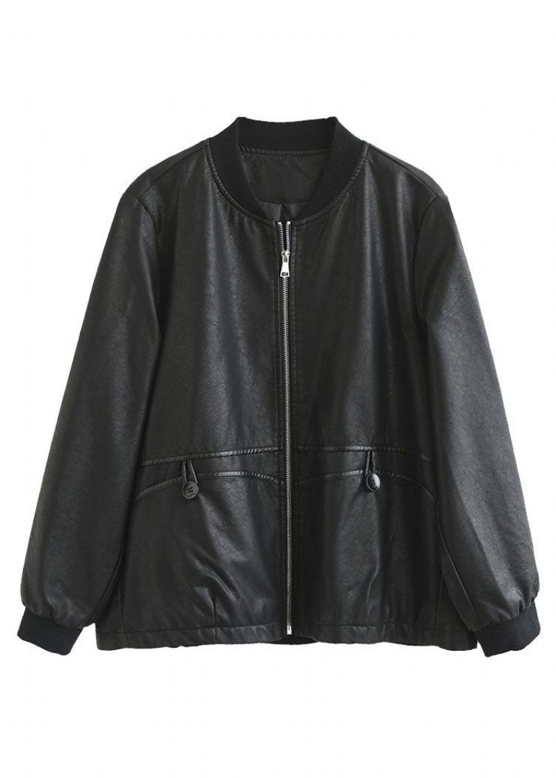 Fransk Svart Zip-up Patchwork Konstläderjackor Kappor Våren - Vinterkappor för kvinnor