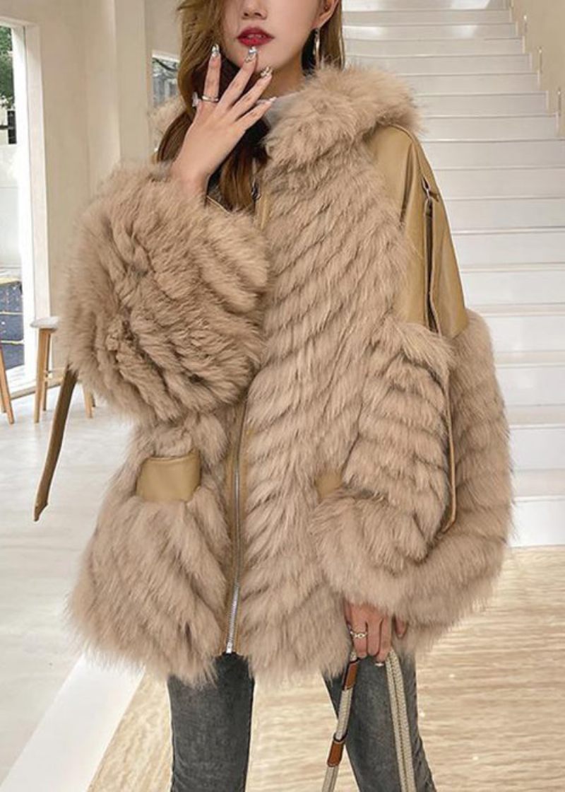 Franska Khaki Hooded Fickor Patchwork Läder Och Pälsrockar Vinter - Vinterkappor för kvinnor