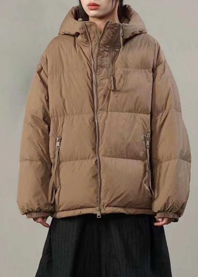 Franska Khaki Hooded Pockets Tjock Duck Dun Puffer Jacka Vinter
