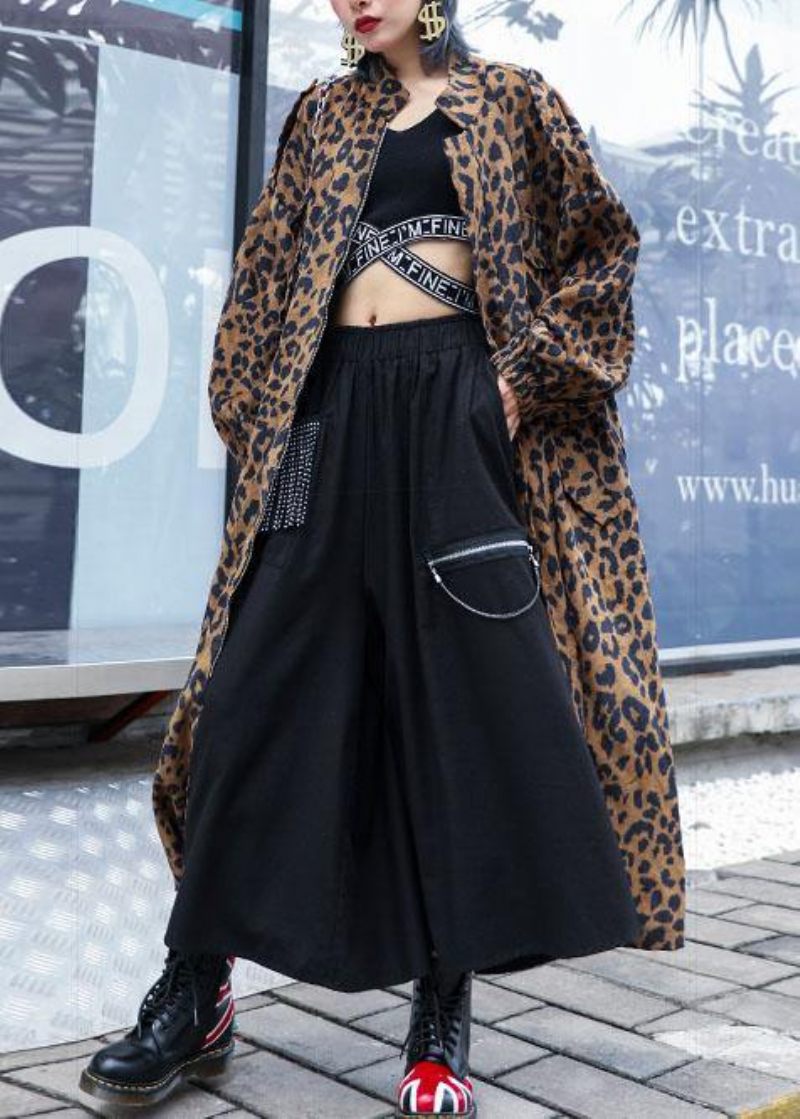 French Leopard Plus Size Trenchcoat Gåvor Höstkappa Med Dragkedja - Svart