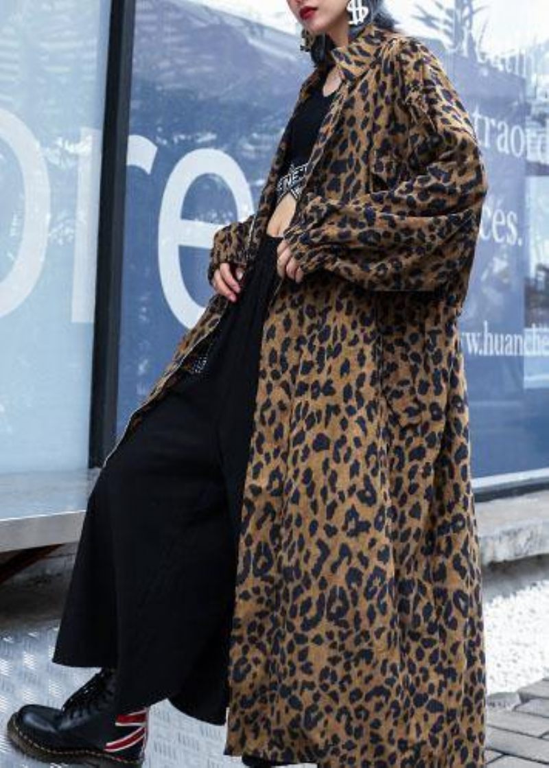 French Leopard Plus Size Trenchcoat Gåvor Höstkappa Med Dragkedja - Svart