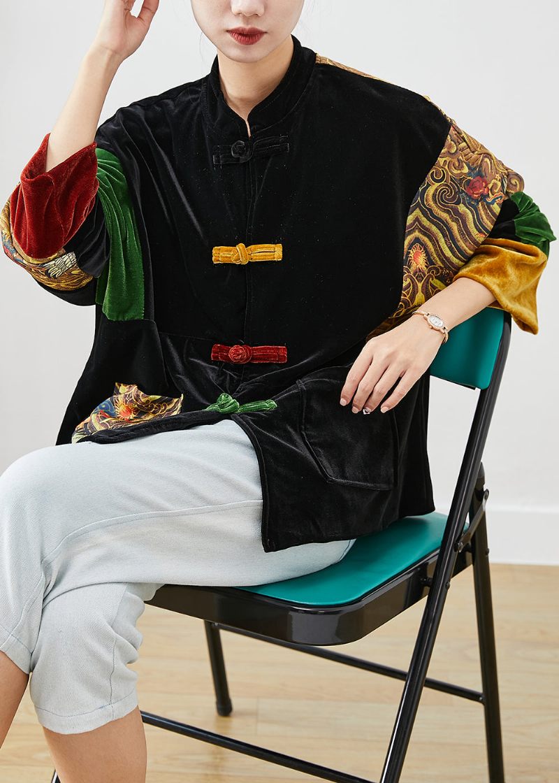 Gör-det-själv Svart Oversized Patchwork Kinesisk Button Silk Velour Coat Fall