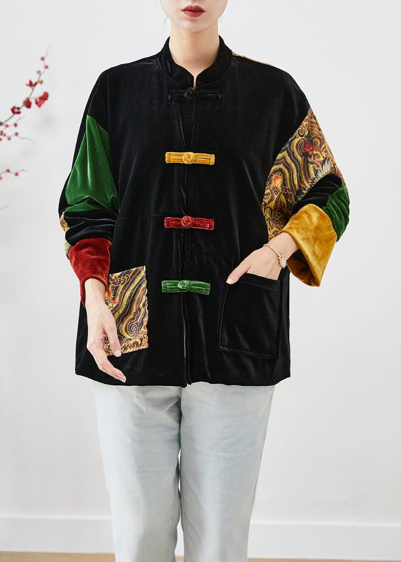 Gör-det-själv Svart Oversized Patchwork Kinesisk Button Silk Velour Coat Fall - Vinterkappor för kvinnor