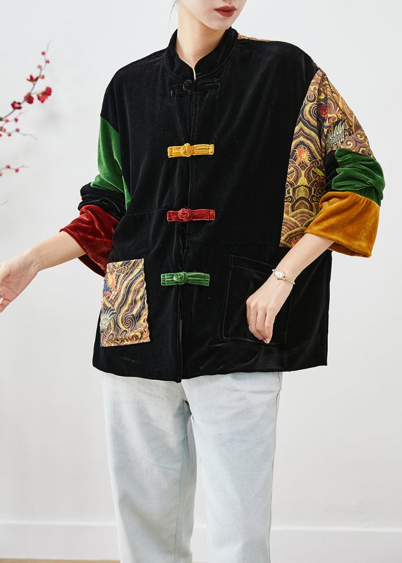Gör-det-själv Svart Oversized Patchwork Kinesisk Button Silk Velour Coat Fall - Vinterkappor för kvinnor