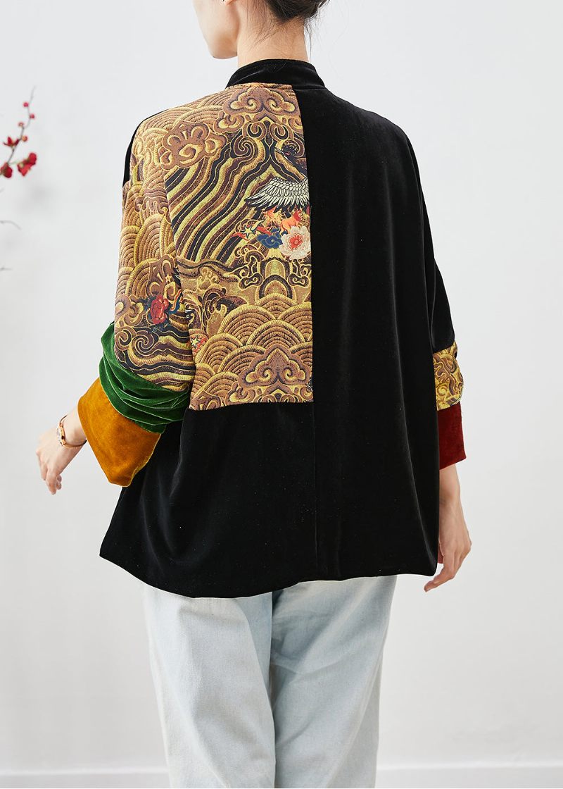 Gör-det-själv Svart Oversized Patchwork Kinesisk Button Silk Velour Coat Fall - Vinterkappor för kvinnor