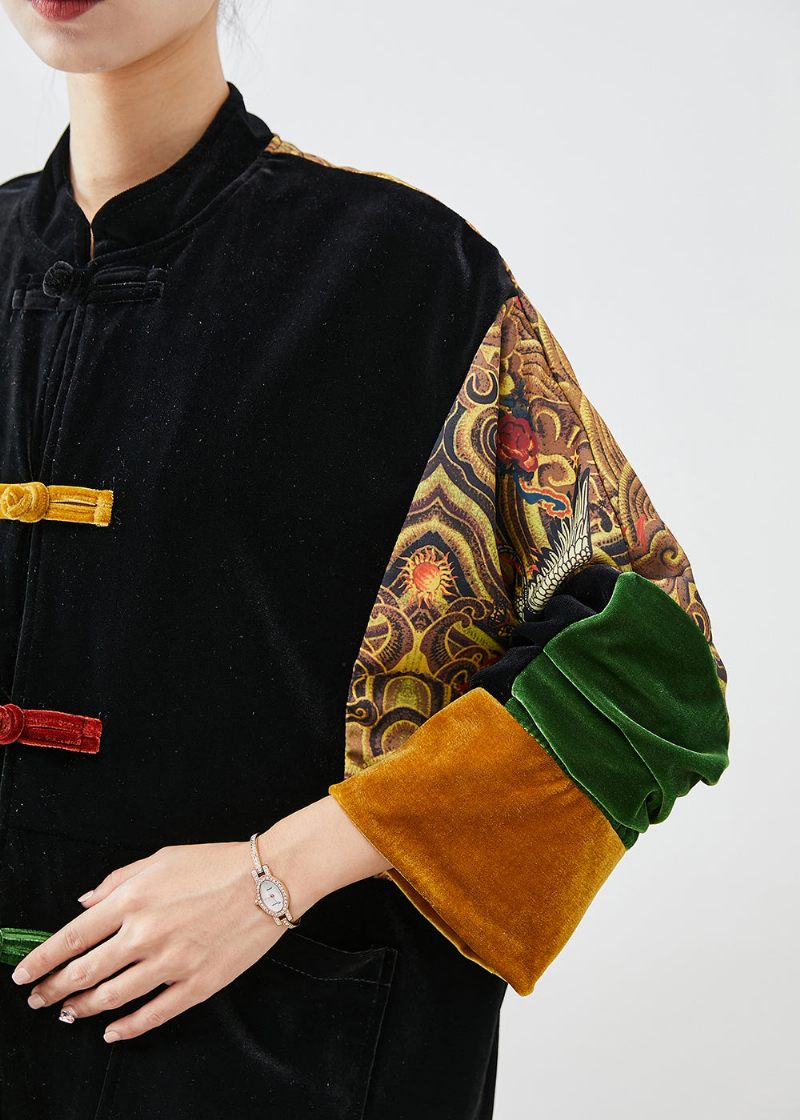 Gör-det-själv Svart Oversized Patchwork Kinesisk Button Silk Velour Coat Fall - Vinterkappor för kvinnor