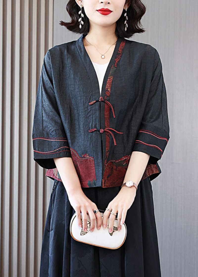 Gör-det-själv Svarta Broderade Tasseled Patchwork Silk Coats Spring - Vinterkappor för kvinnor