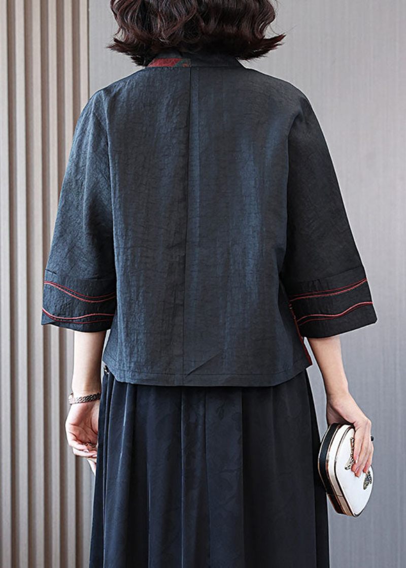 Gör-det-själv Svarta Broderade Tasseled Patchwork Silk Coats Spring - Vinterkappor för kvinnor