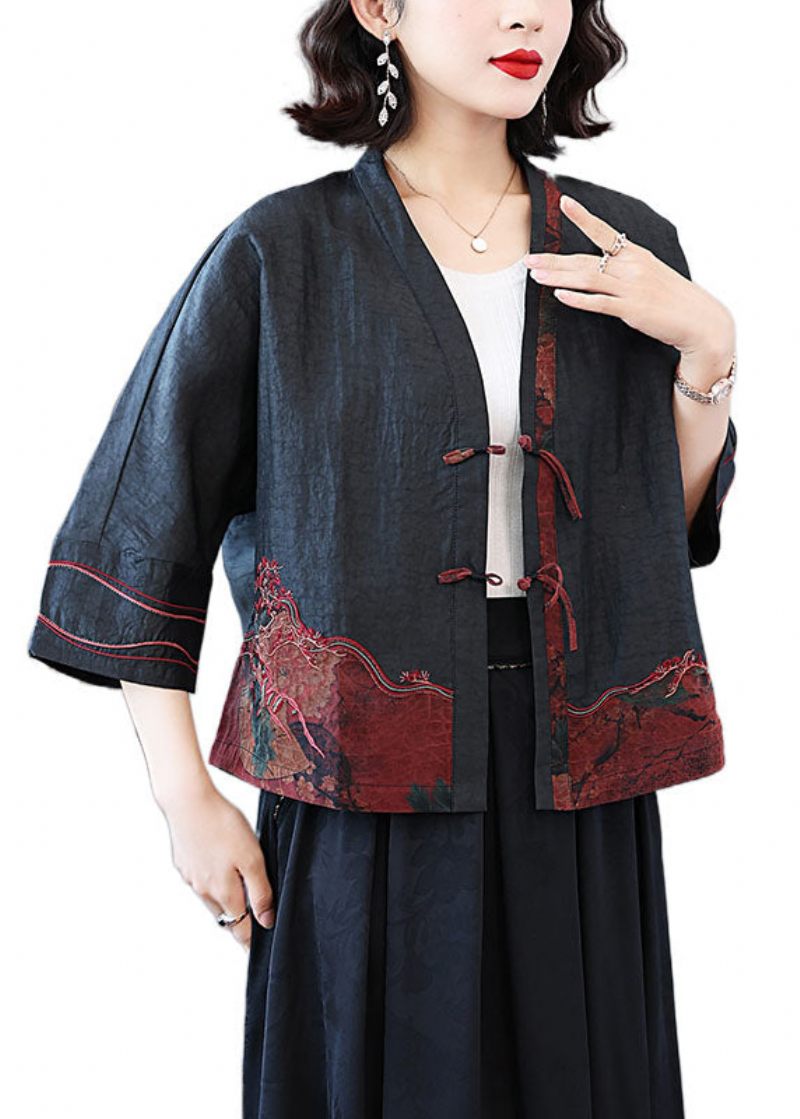 Gör-det-själv Svarta Broderade Tasseled Patchwork Silk Coats Spring - Vinterkappor för kvinnor