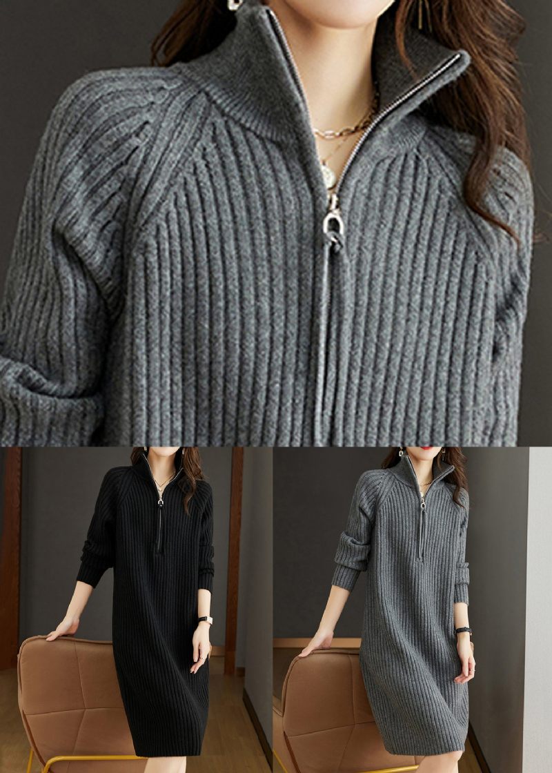 Grå Patchwork Lös Ullstickade Klänningar Turtleneck Långärmad - Ullrockar för kvinnor