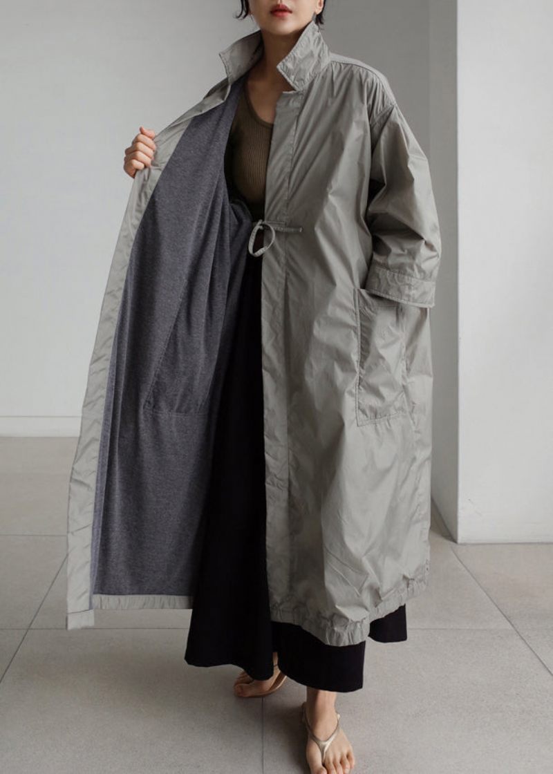Grå Peter Pan Krage Tie Midja Trench Coats Långärmad - Grå