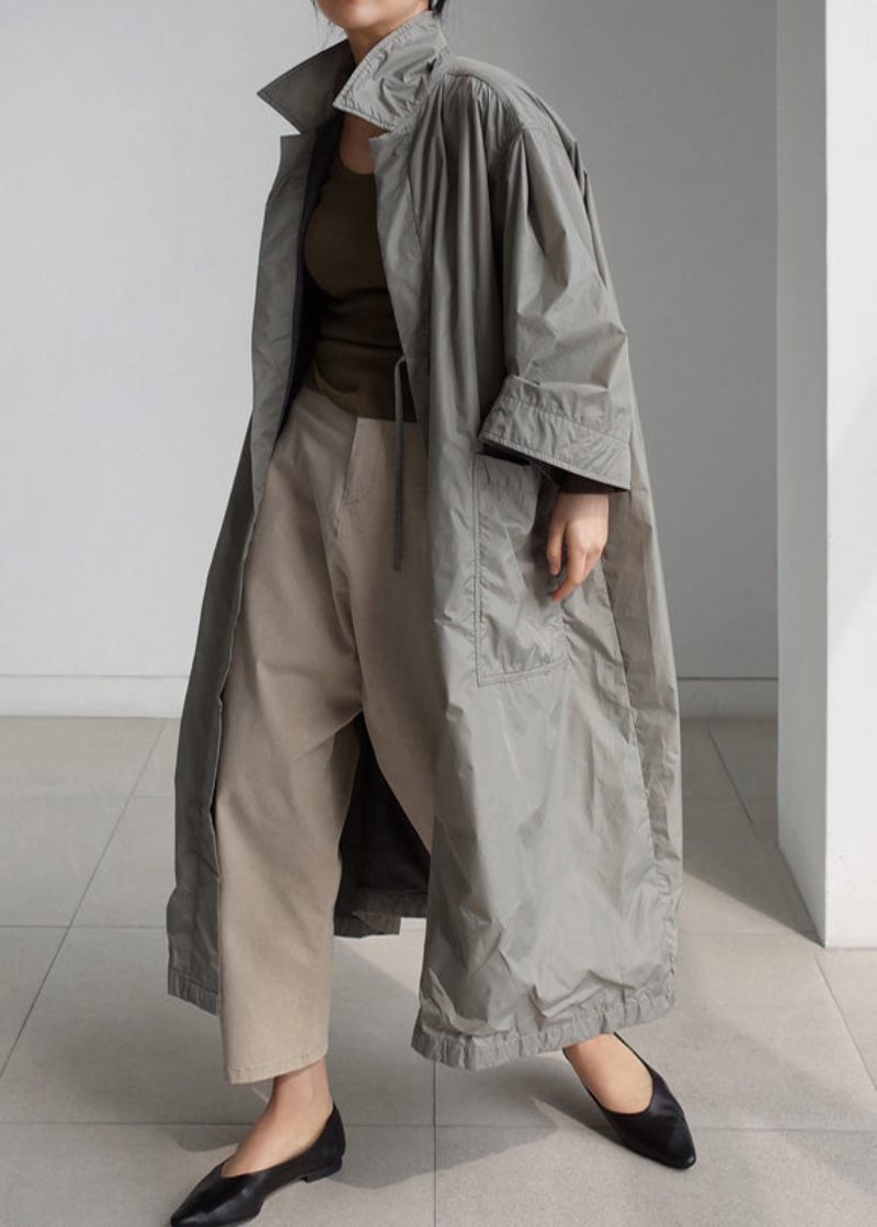 Grå Peter Pan Krage Tie Midja Trench Coats Långärmad - Grå