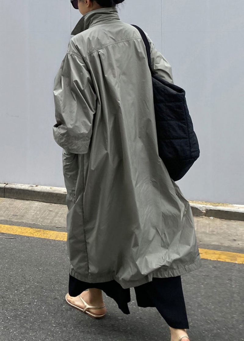 Grå Peter Pan Krage Tie Midja Trench Coats Långärmad - Grå