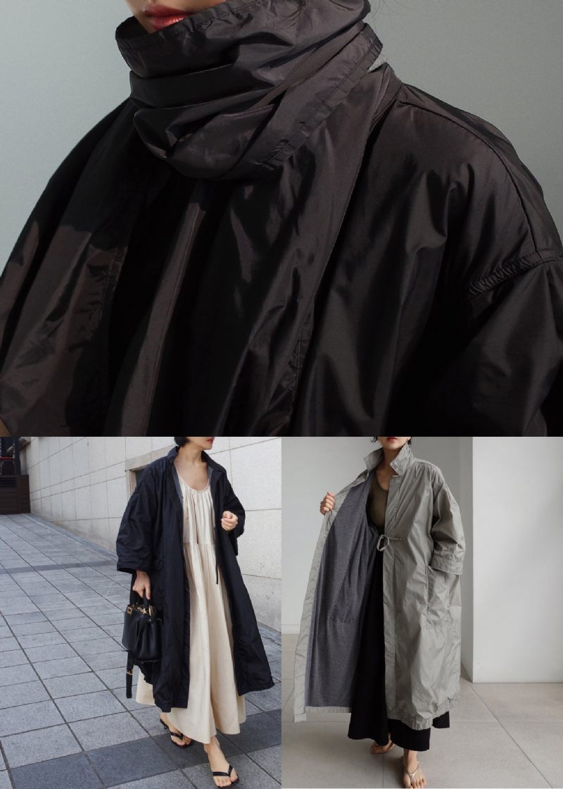 Grå Peter Pan Krage Tie Midja Trench Coats Långärmad - Grå
