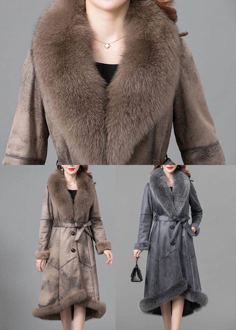 Grå Silm Fit Fuzzy Rabbit Läder Och Päls Jacka Fox Krage Vinter - Vinterkappor för kvinnor