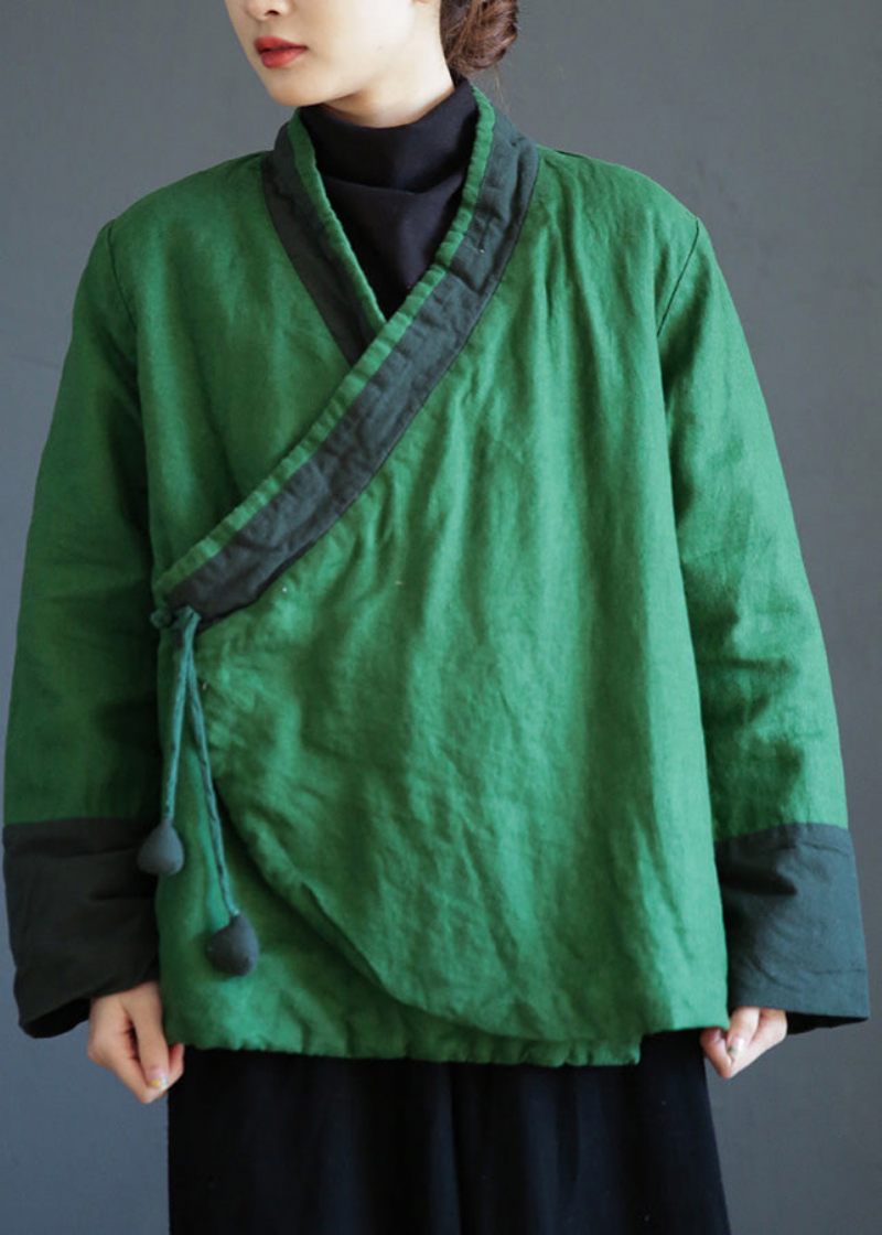 Grön V-halsband Midja Varm Fleece Linne Parka Vinter - Grön