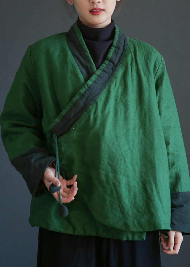 Grön V-halsband Midja Varm Fleece Linne Parka Vinter - Grön