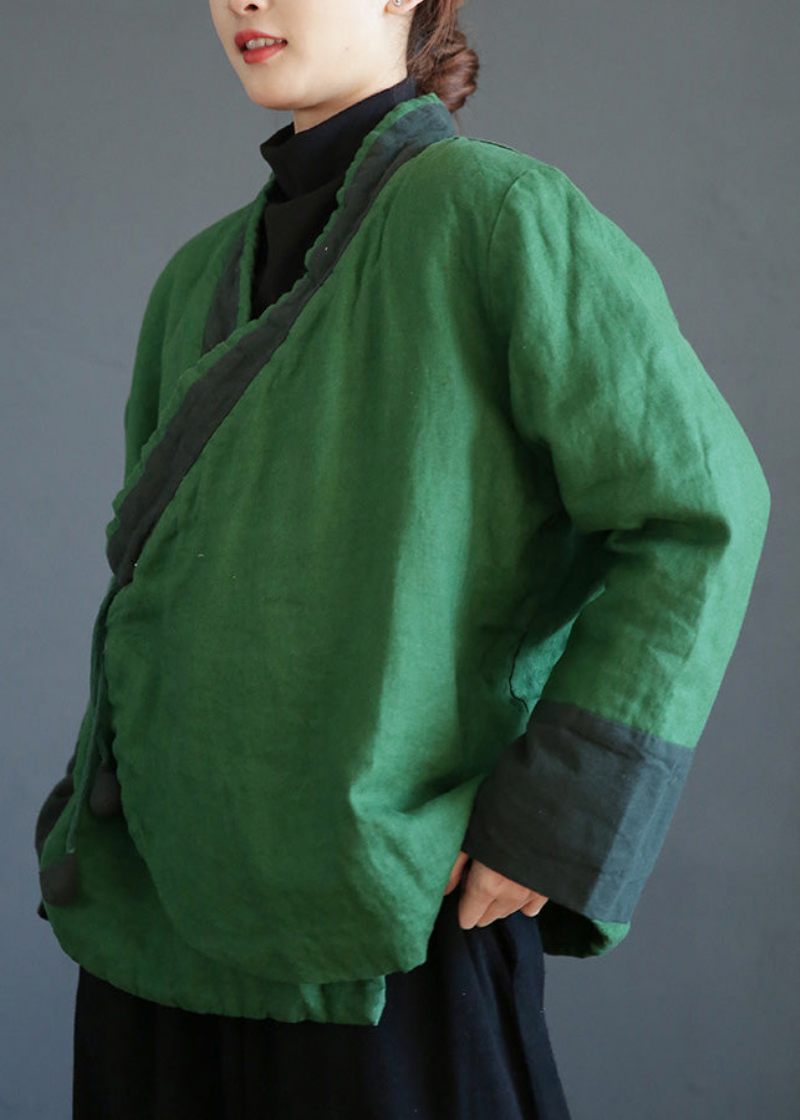 Grön V-halsband Midja Varm Fleece Linne Parka Vinter - Grön