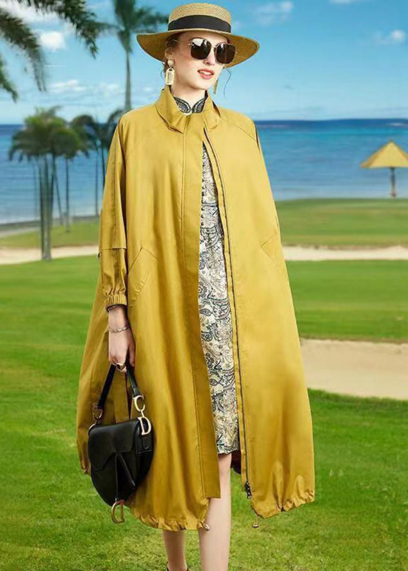 Gul Patchwork Bomull Trench Stativ Krage Tie Midja Fall