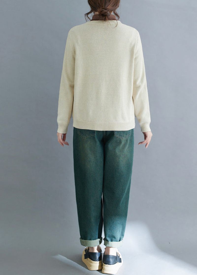 Handgjord Beige Broderad Stickad Cardigan Vinter - Koftor för kvinnor